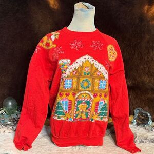 Vintage Red Gingerbread House Sweater L (4075)